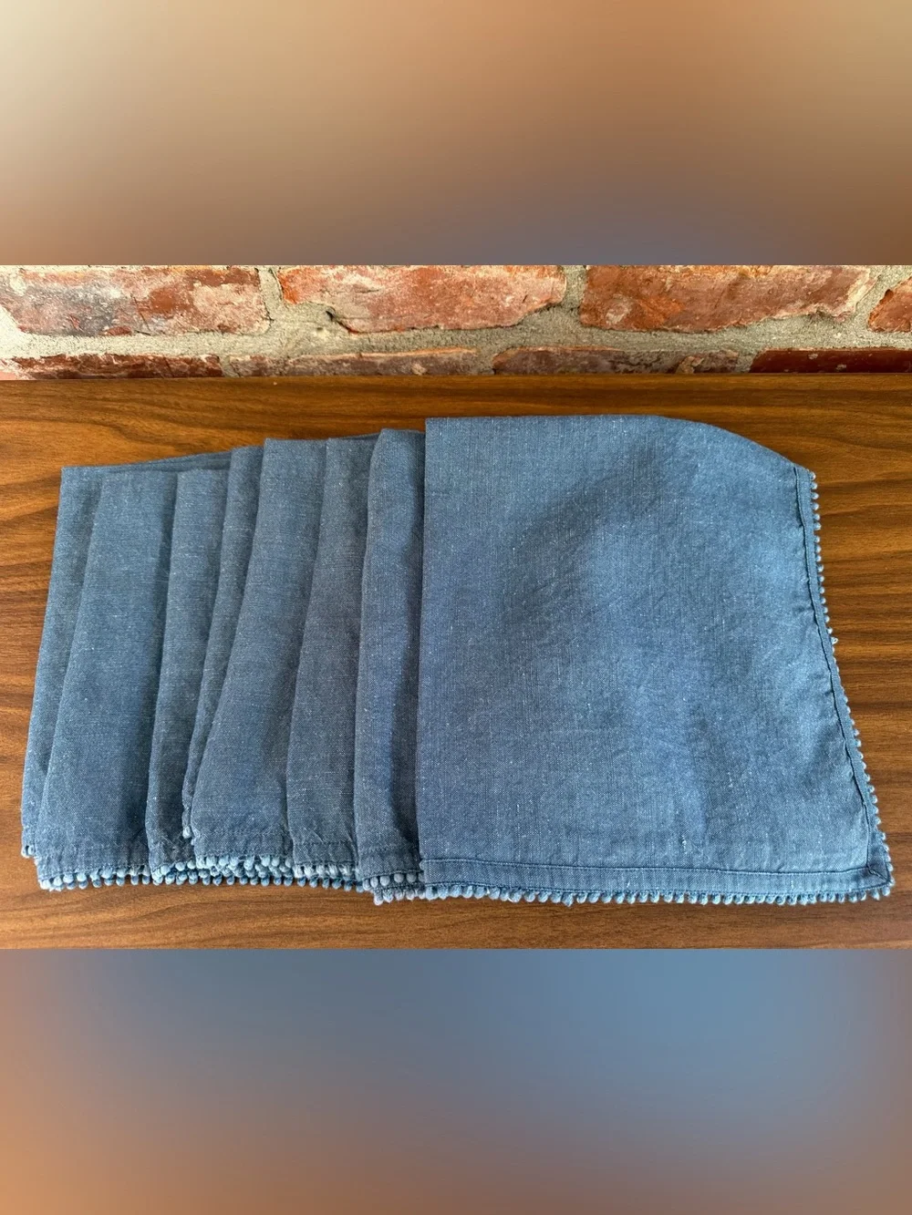 Juliska Berry Trim Navy Denim Blue Napkins Set of 8 Linen Cotton 21”